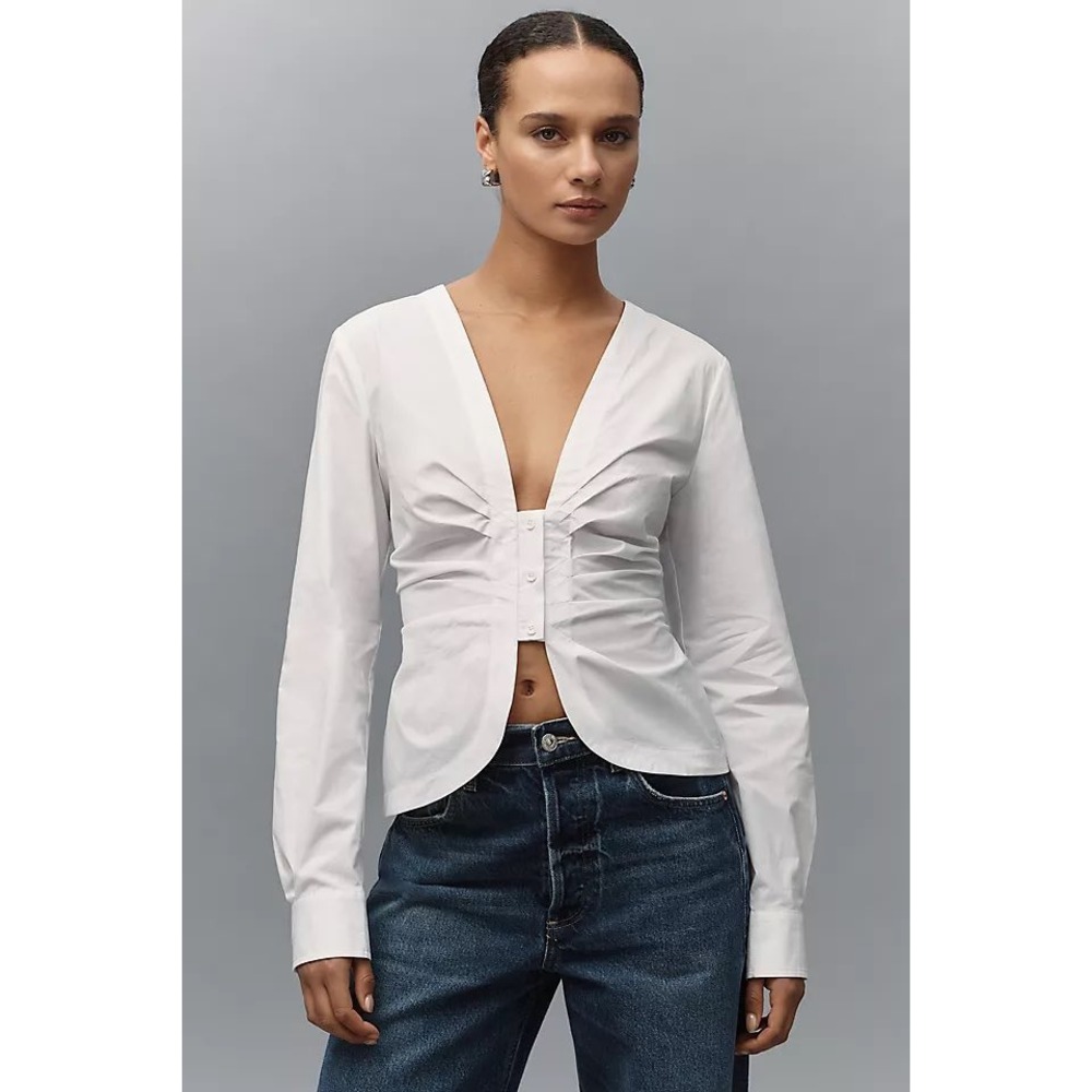 Good American White Ruched V-Neck Button Front Shirt Top Plus Sz 2X